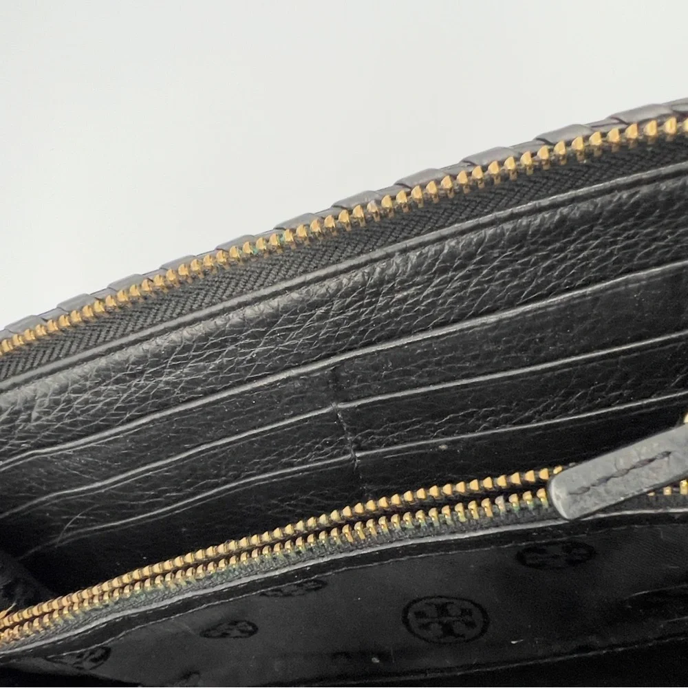 Tory Burch Black Leather Zip-Around Wallet with Whipstitch Detail